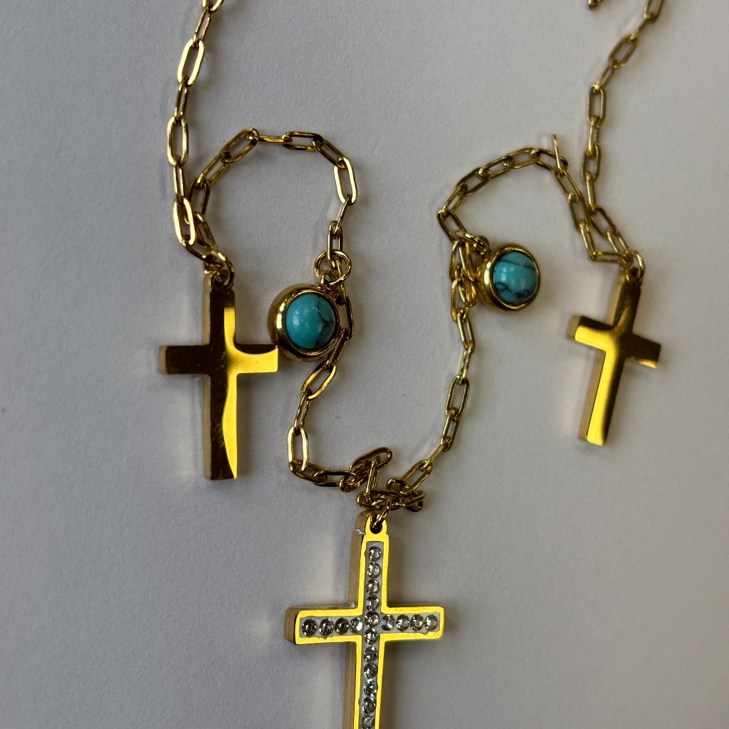 Diy Turquoise Zircon Gold Cross Necklace